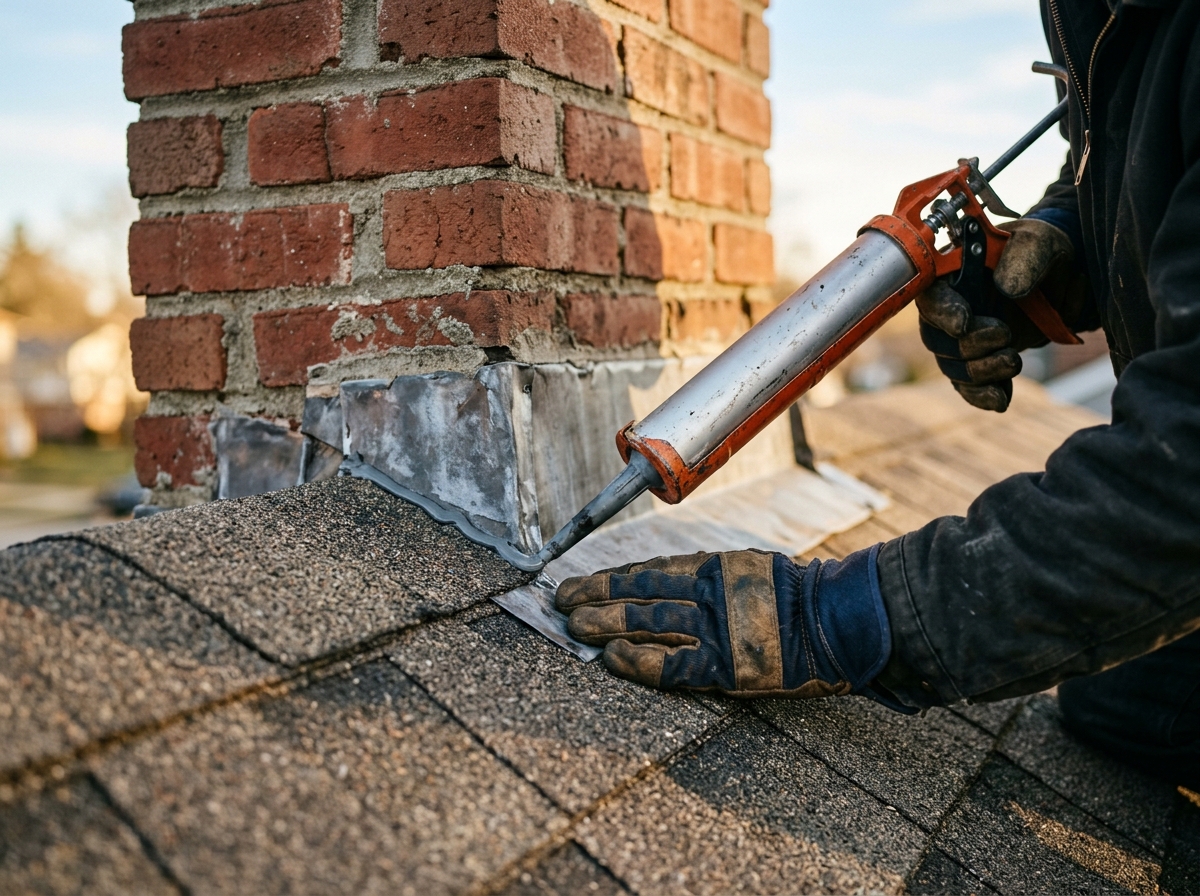 A roofer sealing flashing at a chimney junction