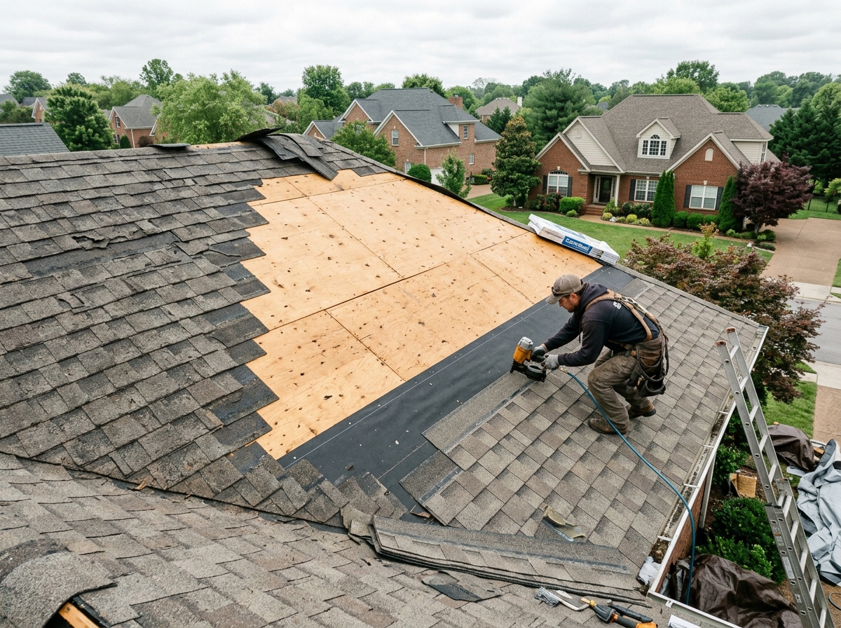 A Chattanooga home mid tear-off with the decking exposed