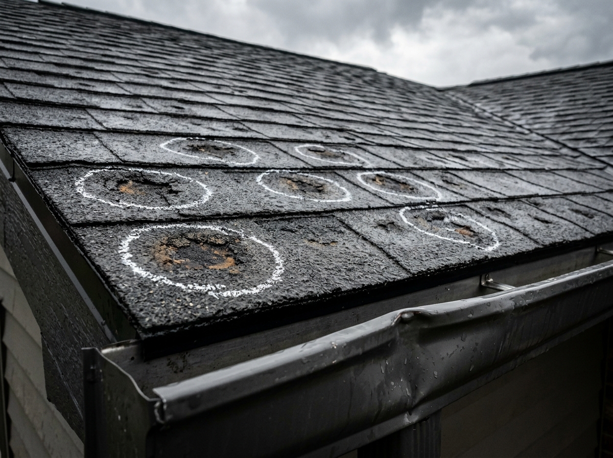 Hail-bruised shingles marked out during a storm damage inspection